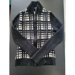 Moda International Black White Plaid Lambswool Blend Zip Up Ribbed Sweater Small